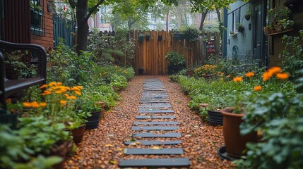 Serene Garden Path Autumn Leaves Wooden Fence Lush Greenery Tranquil Backyard Peaceful Landscape Nature Scene Beautiful Flowers Orange Blossoms Potted