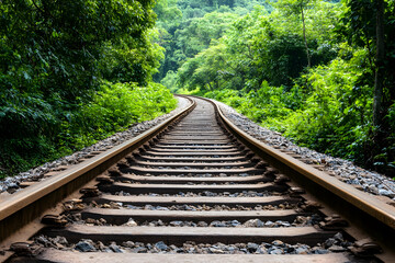 Fototapeta premium Train tracks curve through lush green jungle