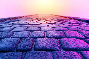 Cobblestone path stretches upwards vanishing into a brightly lit sky with purple and pink hues.