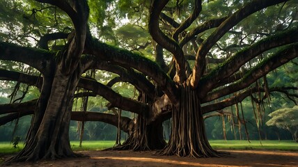 Ancient sprawling tree with massive branches and lush canopy in a serene park setting, symbolizing strength, longevity, and natural beauty.