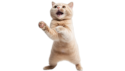 a playful cat stands upright with an expressive face seemingly e