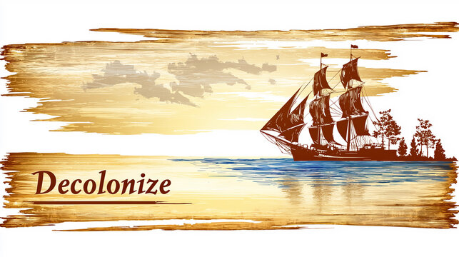 A vintage style sailing ship approaches land under a warm, painted sunset with the word &ldquo;Decolonize&rdquo; boldly written, blending historical imagery with modern activism.