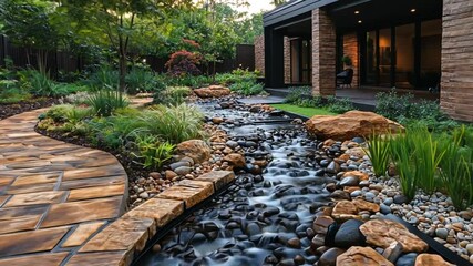 Modern garden pathway with water feature, backyard oasis