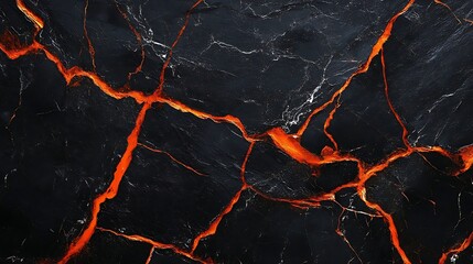 Black background with orange cracks texture, abstract dark marble surface with red veins, flat lay, top view, black and white photography, ideal for design and decoration.