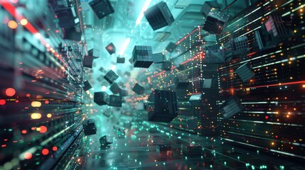 Abstract data blocks suspended in memory caching fields representing database buffer pool management.