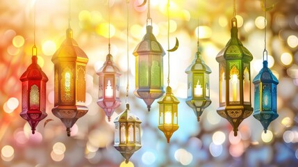 Obraz premium Colorful lanterns hanging, festive atmosphere, bokeh background, Eid celebration, decorative