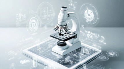 A futuristic view of an advanced digital microscope with an interactive touchscreen interface.