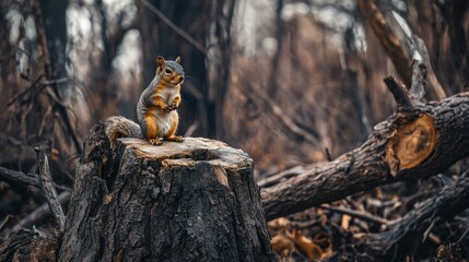 Wild animal standing in forest with cut down trees. Animal lost natural habitat due to human activity.