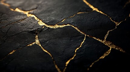 Obraz premium High-resolution textured black paper with golden cracks on a black background, showcasing intricate details and a cinematic effect.