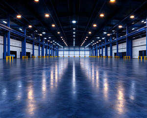 Vast industrial warehouse interior, brightly lit