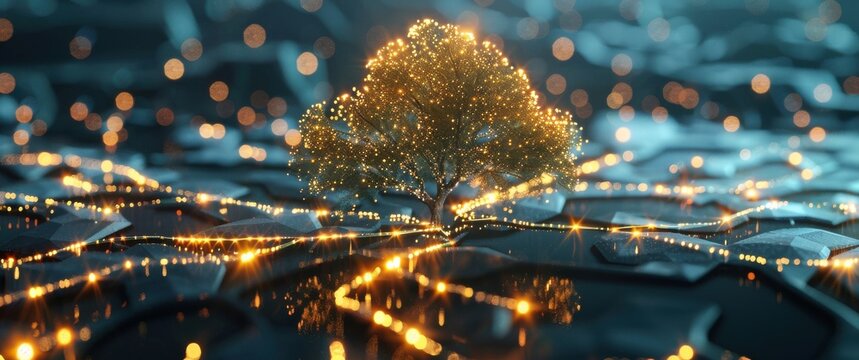 A crystalline tree represents a database indexing system B-tree architecture with glowing node connections.
