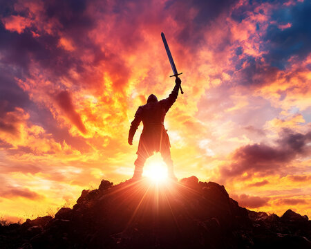 Victorious Knight Silhouette at Sunset Mountaintop