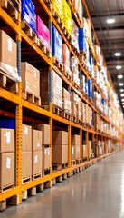 Warehouse aisle with stacked cardboard boxes