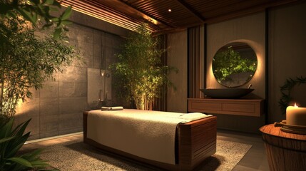 A serene and tranquil interior scene with a massage bed