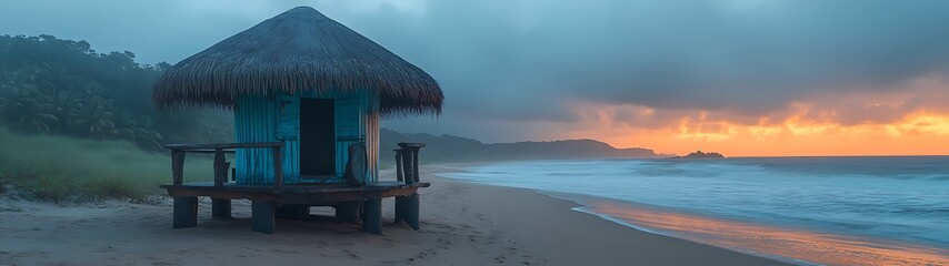 A small beach hut sits near the ocean at sunrise or sunset