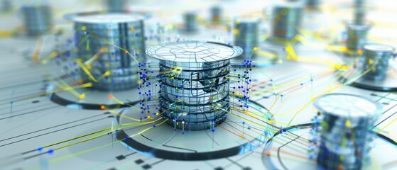 Obraz premium Database schema blueprint coming alive table relationships forming intricate structures in a technical diagram style with depth logos.