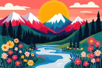 Colorful landscape depiction showcasing mountains water and floral vegetation at sunrise