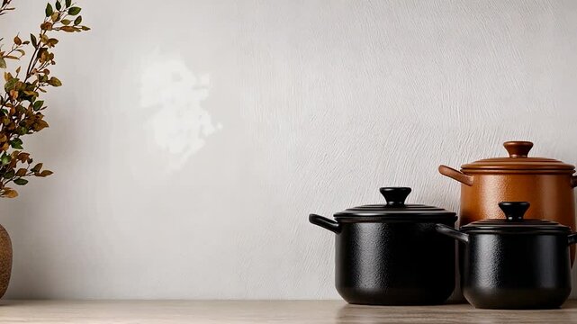 Elegant kitchen scene featuring various pots and a decorative plant against a textured wall