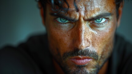 Fototapeta premium Intense Freckled Face with Blonde Hair and Piercing Blue Eyes in Dim Light