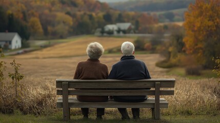 Elderly couple enjoying a peaceful view in autumn landscape  