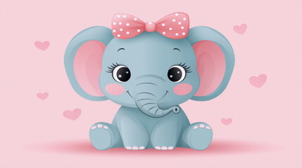Obraz premium Baby elephant girl with pink bow and hearts