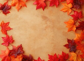 Fall Maple Leaves Bordering a Textured Neutral Background for Autumn Season