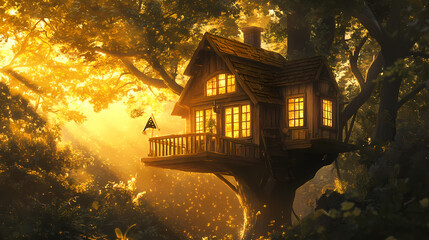 A warm wooden treehouse with large windows, surrounded by lush green trees, bathed in golden sunlight, offering a serene escape and nature connection. Gilded Sanctuary. Illustration
