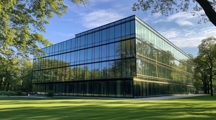 Fototapeta premium Modern glass corporate building reflects green trees. Sustainability concept exemplified. Eco-friendly building design integrates nature. Business eco-strategy showcased in modern urban setting.