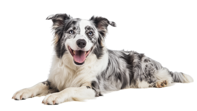 a cheerful dog with a striking coat lies down showcasing its pla