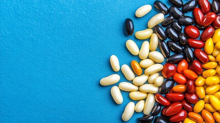 An assortment of colorful candies on a vibrant blue background