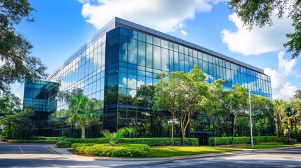 Obraz premium Modern office building with landscaping in sunny day, excellent for showcasing modern architecture