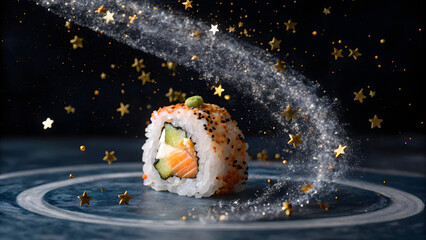 vibrant sushi roll with salmon and cucumber, surrounded by cosmic aura of sparkling stars, creating magical culinary experience
