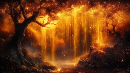 Enchanted forest bathed in golden light