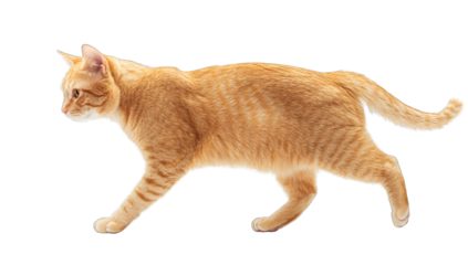 a side view of an orange tabby cat walking gracefully against a