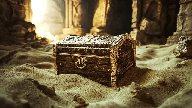 Mysterious treasure chest resting on a sandy surface inside an ancient stone cave