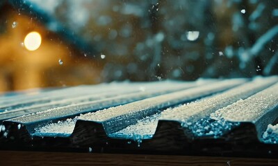 Snow-covered corrugated metal roof at night - Powered by Adobe