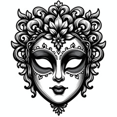 Naklejka premium Elegant ornate mask with intricate floral designs and a dramatic expression against a white background