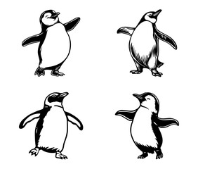 Obraz premium Dancing penguin silhouette set. Playful penguin illustrations. Four black and white penguin in joyful and expressive dancing poses for use in logos, prints, greeting cards or creative projects
