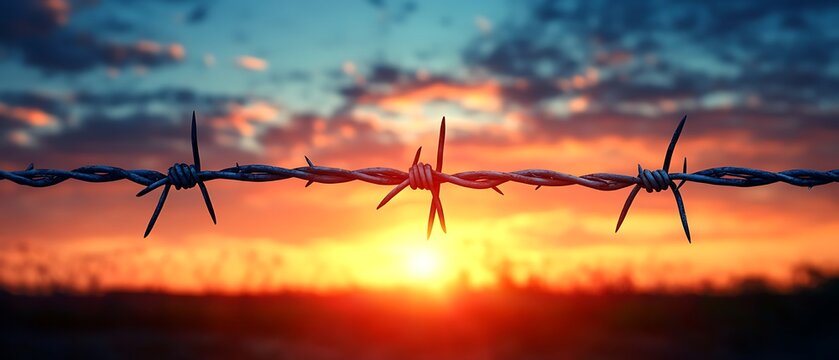 Barbed wire strands silhouetted against a colorful sunset sky