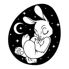 Obraz premium Cute pink Easter bunny sleeping in an egg-shaped night sky with stars and a crescent moon
