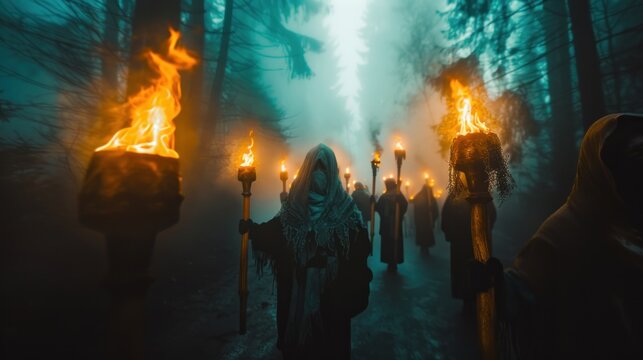 Mysterious hooded figures with torches in a foggy forest