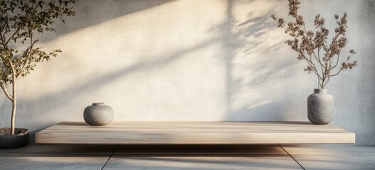 Obraz premium Minimalist Interior with Wooden Shelf, Plants, and Sunlight Casting Shadows