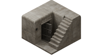 Isometric Concrete Cellar Entrance with Metal Gate and Stone Steps