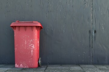 Red garbage bin against a gray wall in an urban alley during daylight