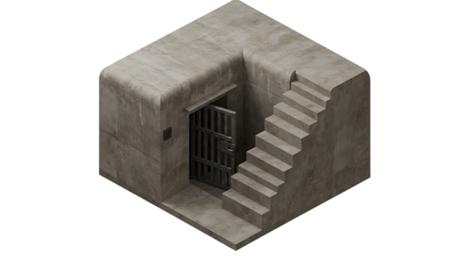 Isometric Concrete Cellar Entrance with Metal Gate and Stone Steps