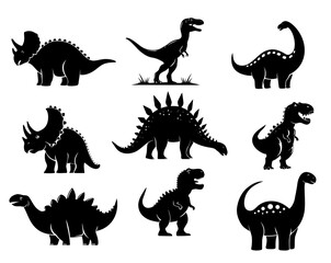 Dinosaur Silhouette Set. Collection of Prehistoric Creatures. Nine black dinosaur silhouettes featuring various species for educational materials, decorations, or graphic design projects