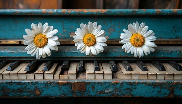 Three beautiful daisies are placed on an old piano keyboard
