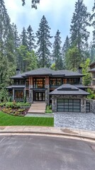 Obraz premium Luxury house on a hill surrounded by green trees for real estate marketing and luxury lifestyle ads