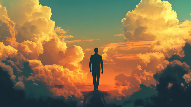 Une silhouette d'homme de dos qui marche sur une route seul avec des nuages sombre - generative ai. beautiful simple ai generated image. Phantom Transition. Illustration