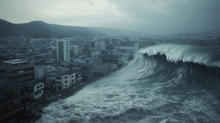 City buldings and giant tide wave ravaging coast town in a hurricane storm.